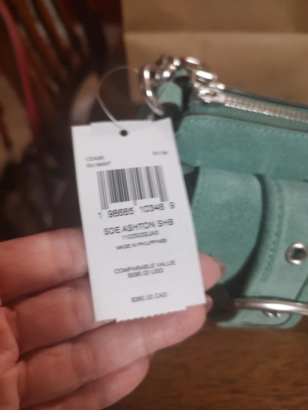 COACH Ashton Mint Green Suede Shoulder Bag with Front Buckle Pockets